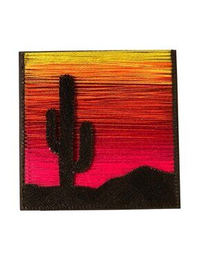 Cactus String Art Wall Decor With Sunset Gradient On Wood Base